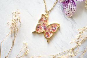 Real Dried Flowers and Resin Butterfly Necklace in Gold, Purple, Orange, Red Brush Creek Gift and Garden Nook