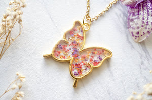 Real Dried Flowers and Resin Butterfly Necklace in Gold, Purple, Orange, Red Brush Creek Gift and Garden Nook