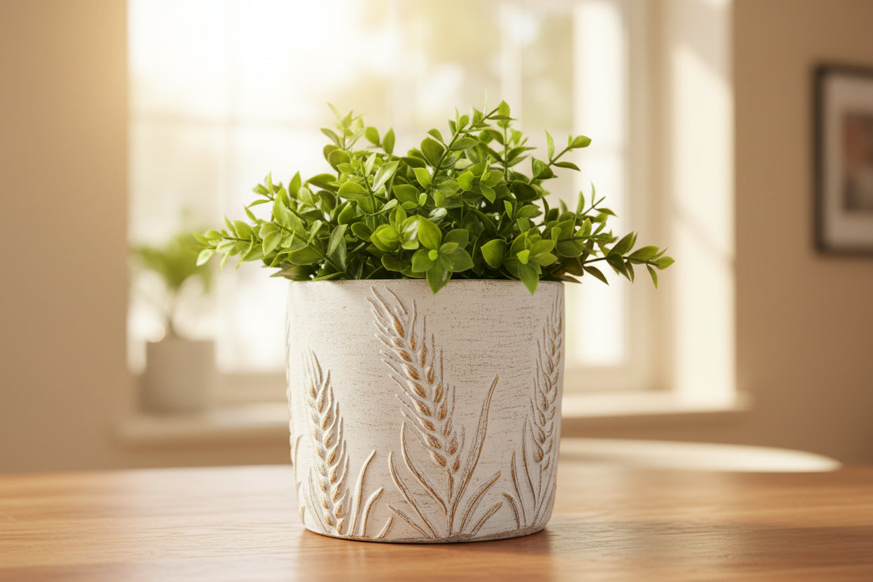 Brushed White Ceramic Planter Pot with Embossed Wheat Stalks - 4.5" Farmhouse Plant Container