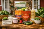 Assorted products including tea packages, candles, and soap on a wooden table with a rustic background.