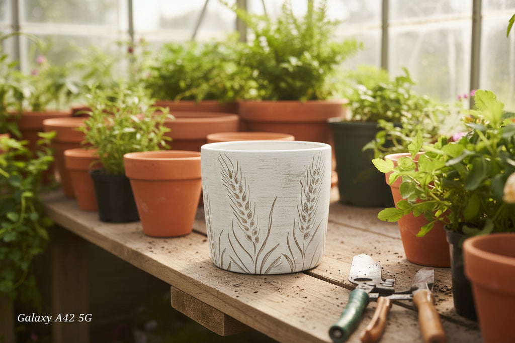 Brushed White Ceramic Planter Pot with Embossed Wheat Stalks - 4.5" Farmhouse Plant Container