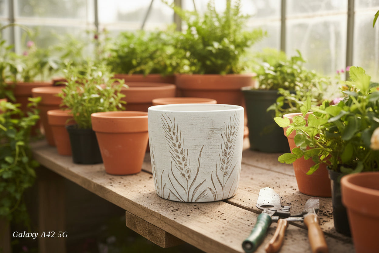Brushed White Ceramic Planter Pot with Embossed Wheat Stalks - 4.5" Farmhouse Plant Container
