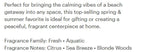 Text describing a fragrance as a spring & summer favorite, suitable for gifting or home centerpieces, with fragrance family Fresh • Aquatic and notes of Citrus, Sea Breeze, and Blonde Woods.