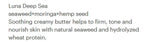 Text-only listing image with the heading 'Luna Deep Sea' and descriptive copy about seaweed, moringa, and hemp seed.