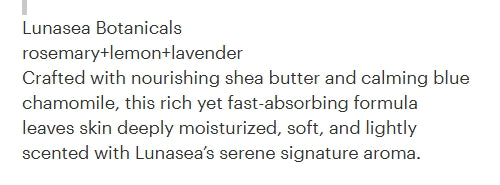 A close-up of a text block describing a Lunasea Botanicals hair product formula with shea butter and chamomile, on a white background.