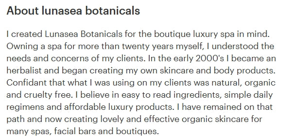 A text-based section titled 'About lunasea botanicals' with several paragraphs of black text on a white background, describing the brand's background in luxury spa skincare.