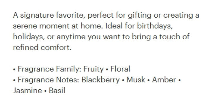 Text describing a fragrance as a signature favorite, suitable for gift giving or home comfort, with listed fragrance notes including fruity, floral, blackberry, musk, amber, jasmine, and basil on a white background.