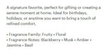 Text describing a fragrance as a signature favorite, suitable for gift giving or home comfort, with listed fragrance notes including fruity, floral, blackberry, musk, amber, jasmine, and basil on a white background.