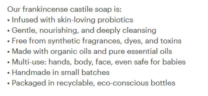 A text-only listing image with bullet points describing a frankincense castile soap, including claims such as 'Infused with skin-loving probiotics' and 'Gentle, nourishing, and deeply cleansing.'.