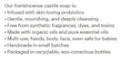 A text-only listing image with bullet points describing a frankincense castile soap, including claims such as 'Infused with skin-loving probiotics' and 'Gentle, nourishing, and deeply cleansing.'.