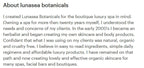 A text-based section titled 'About lunasea botanicals' with several paragraphs of black text on a white background, describing the brand's background in luxury spa skincare.