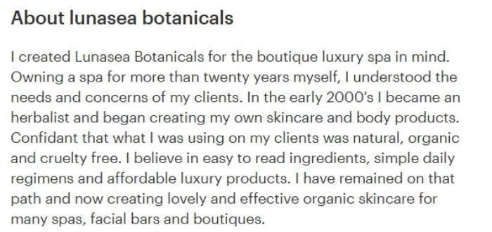 A text-based section titled 'About lunasea botanicals' with several paragraphs of black text on a white background, describing the brand's background in luxury spa skincare.