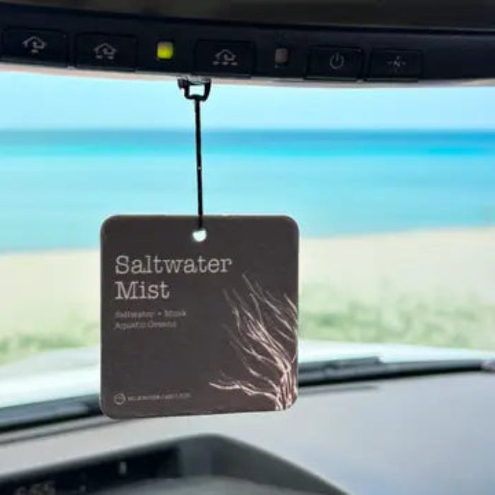 Car air freshener labeled 'Saltwater Mist' hanging from a car's rearview mirror.