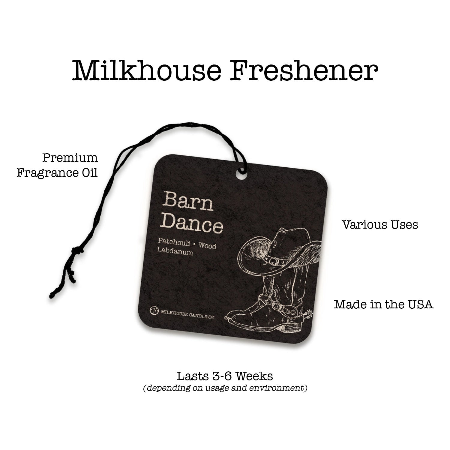 Milkhouse Freshener tag with cowboy boot design and text on a white background