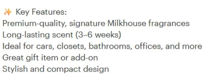 A text-based key features list describing premium-quality, signature Milkhouse fragrances with long-lasting scent lasting 3-6 weeks, suitable for cars, closets, bathrooms, offices, and more, in a compact and stylish design.