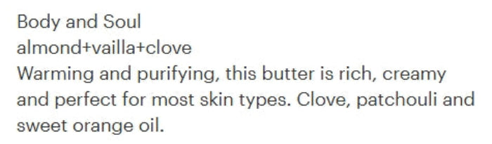 Text-only listing image with the scent name 'Body and Soul' and descriptive copy about a warm, creamy butter-like fragrance made with almond, vanilla, clove, patchouli, and sweet orange oil.