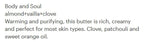 Text-only listing image with the scent name 'Body and Soul' and descriptive copy about a warm, creamy butter-like fragrance made with almond, vanilla, clove, patchouli, and sweet orange oil.