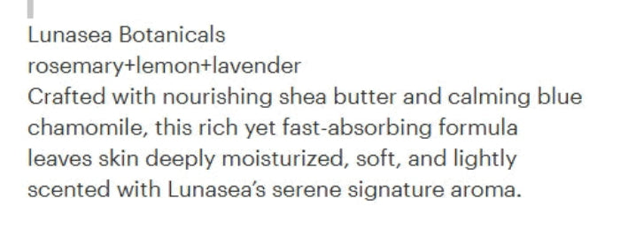 A close-up of a text block describing a Lunasea Botanicals body butter product formula with shea butter and chamomile, on a white background.