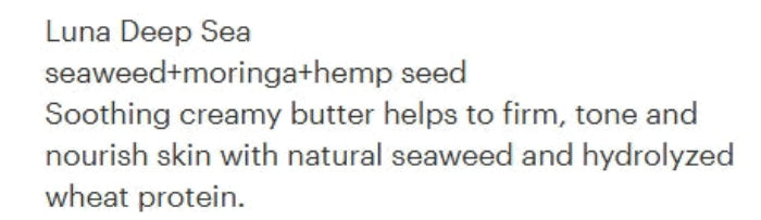 Text-only listing image with the heading 'Luna Deep Sea' and descriptive copy about seaweed, moringa, and hemp seed.