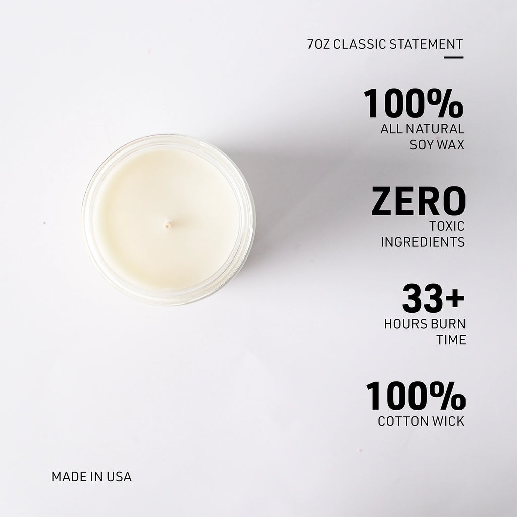 A 7oz soy wax candle in a clear round jar, shown from above on a white background with black text highlighting product features like 100% soy wax, zero toxic ingredients, 33+ hours burn time, and 100% cotton wick.