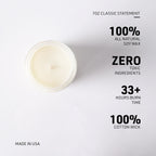 A 7oz soy wax candle in a clear round jar, shown from above on a white background with black text highlighting product features like 100% soy wax, zero toxic ingredients, 33+ hours burn time, and 100% cotton wick.