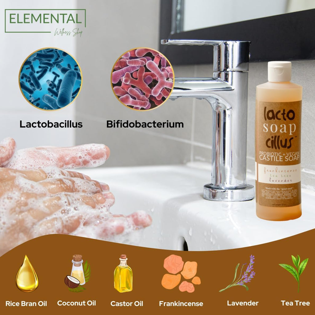 Elemental Lacto Soap Dilute bottle with hand washing, bacteria icons, and soap ingredients displayed.