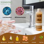 Elemental Lacto Soap Dilute bottle with hand washing, bacteria icons, and soap ingredients displayed.