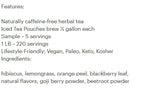 A text-based features and ingredients list for an herbal tea product on a white background. It states the tea is naturally caffeine-free, made from 1/2 gallon of iced tea pouches, serves 5 servings per bag, and is suitable for vegan, paleo, keto, and kosher diets.