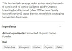 A close-up text section of a product page showing information about fermented cacao powder, including package sizes, ingredients, and dietary labels such as Gluten-free, Ketogenic, Kosher, Organic, and Paleo.