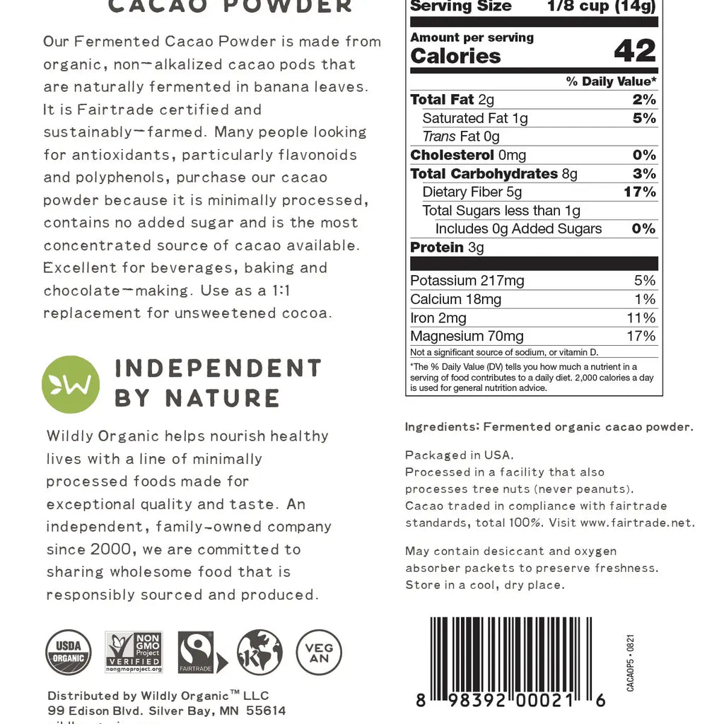 Back of a package showing nutrition facts, ingredients, and brand information for Wildly Organic Cacao Powder. The label includes a serving size of 1/8 cup (42 g), nutritional information, ingredients list, and a barcode.
