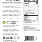 Back of a package showing nutrition facts, ingredients, and brand information for Wildly Organic Cacao Powder. The label includes a serving size of 1/8 cup (42 g), nutritional information, ingredients list, and a barcode.