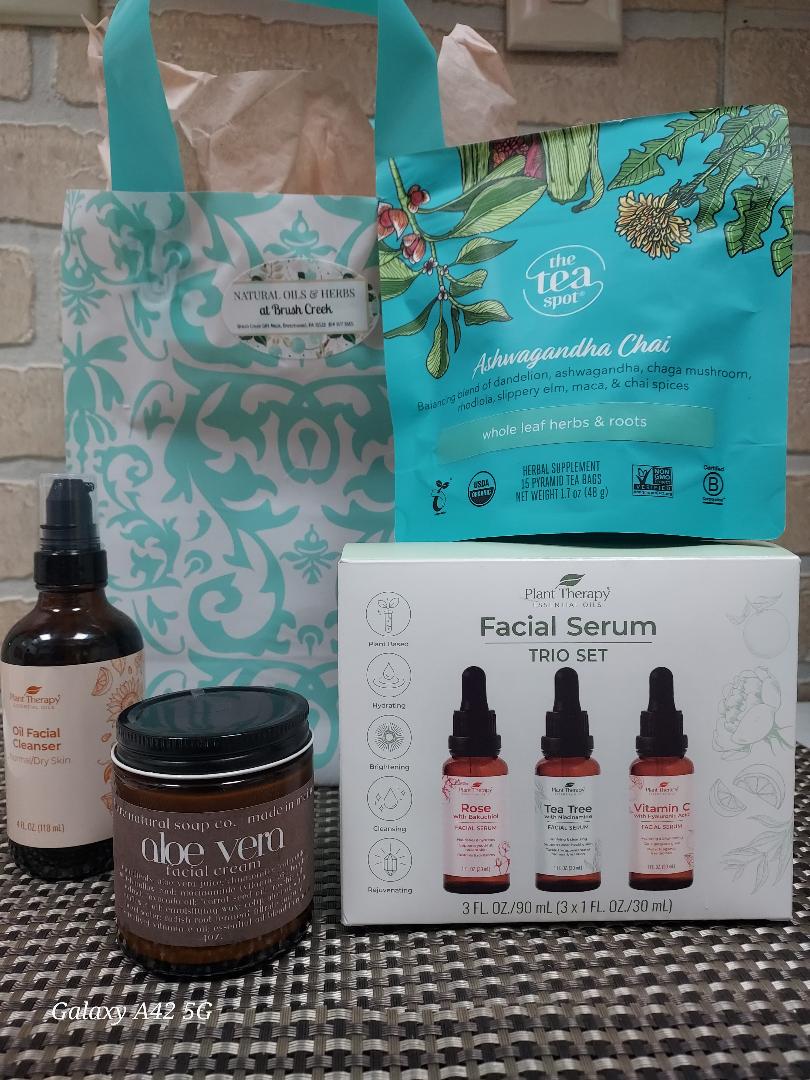 Natural Anti - Aging Skincare Bundle - Organic Facial Serum Trio, Aloe Vera Face Cream, Moisturizing Oil & Ashwagandha Chai Tea Gift Set - Brush Creek Evergreens