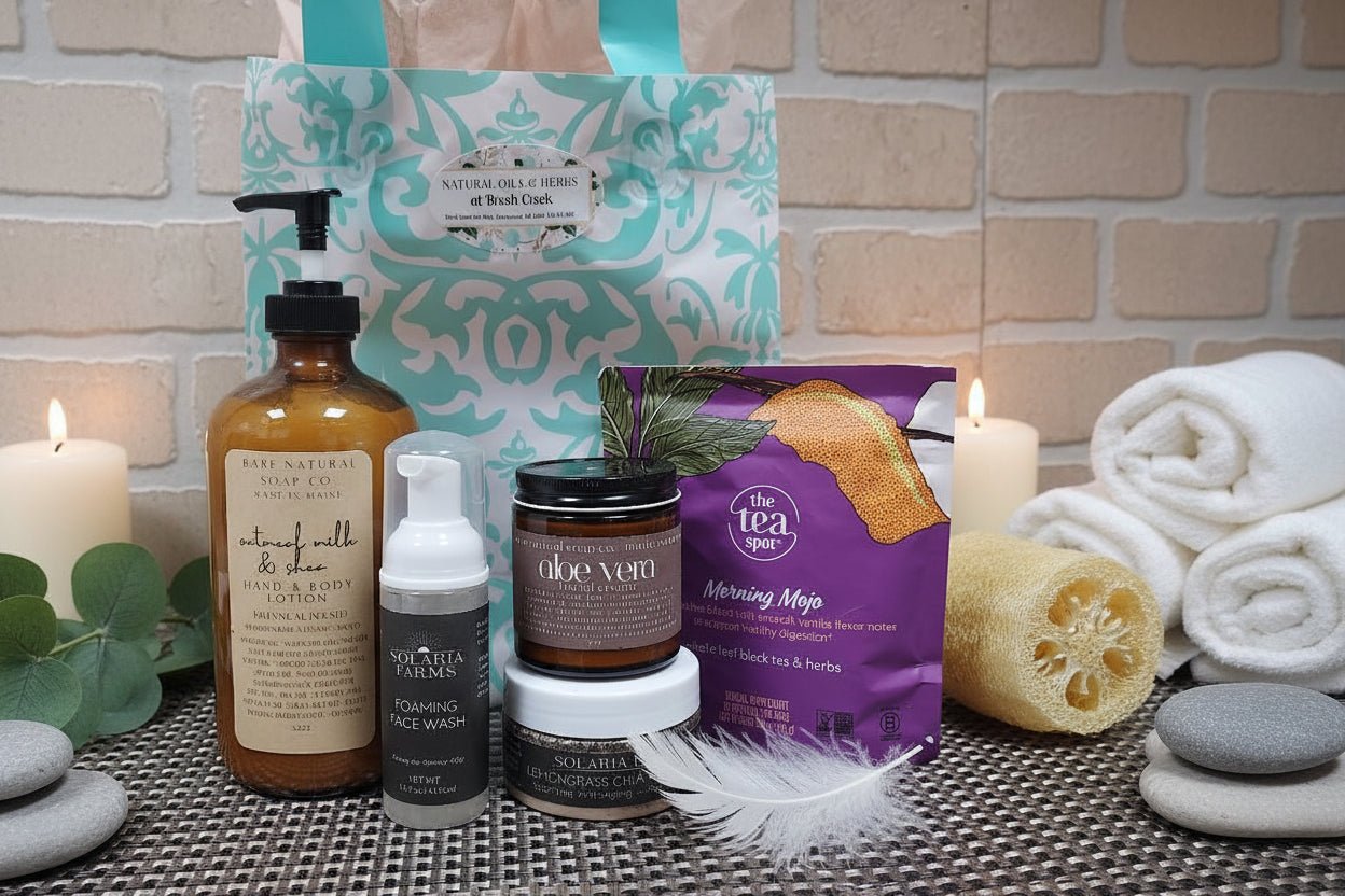 Organic Skincare Gift Set with Oatmeal Milk, Shea Body Cream, Aloe Face Cream & Herbal Tea - Brush Creek Evergreens