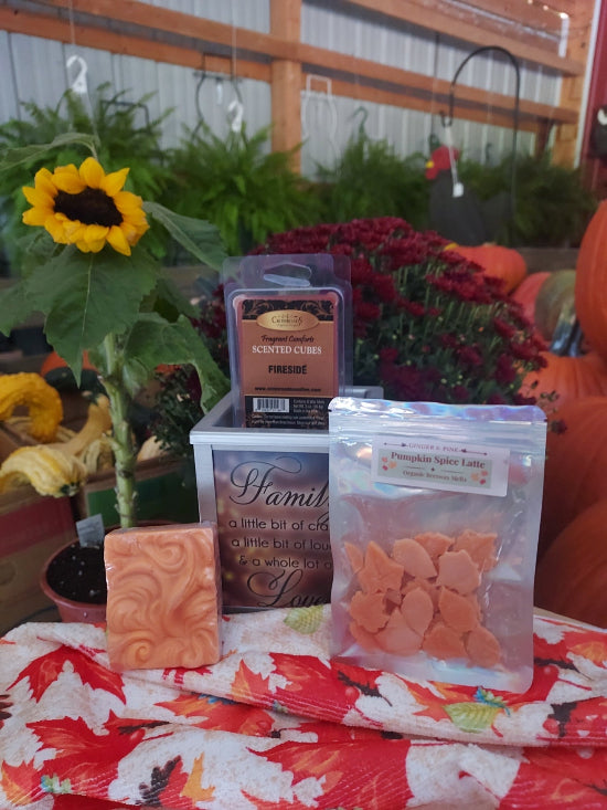 A fall setting with Soap & Scent bundle items: Leaf Beeswax Shaped melts-Pumpkin Spice Latte, Shea Butter-Pumpkin Spice Latte and Myster Fall Scent Cube Melts. 