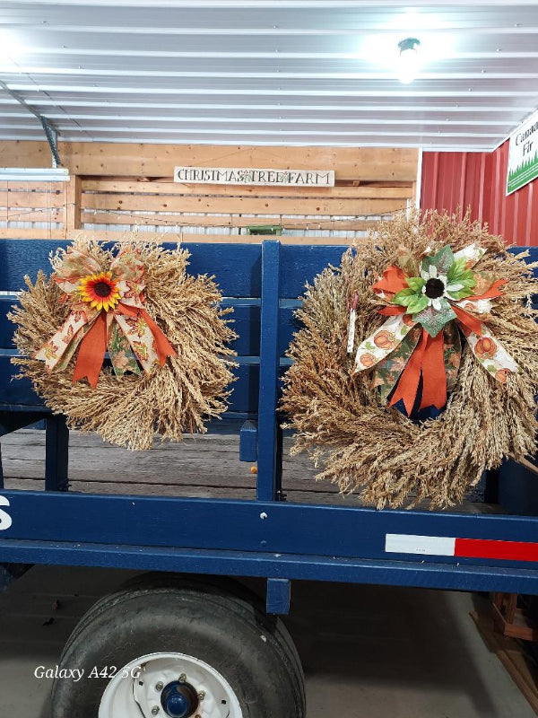 Two corn plume wreaths with decorative bows on a blue wagon.