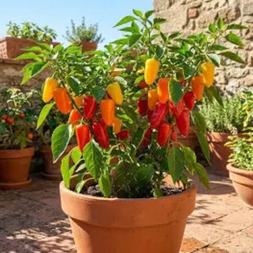 A potted pepper plant with green leaves and clusters of red, orange, and yellow chili peppers in a terracotta pot, set in a sunny outdoor garden.