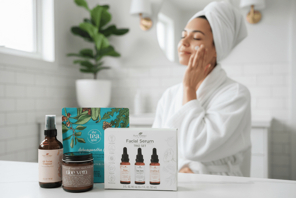 Natural Anti - Aging Skincare Bundle - Organic Facial Serum Trio, Aloe Vera Face Cream, Moisturizing Oil & Ashwagandha Chai Tea Gift Set - Brush Creek Evergreens