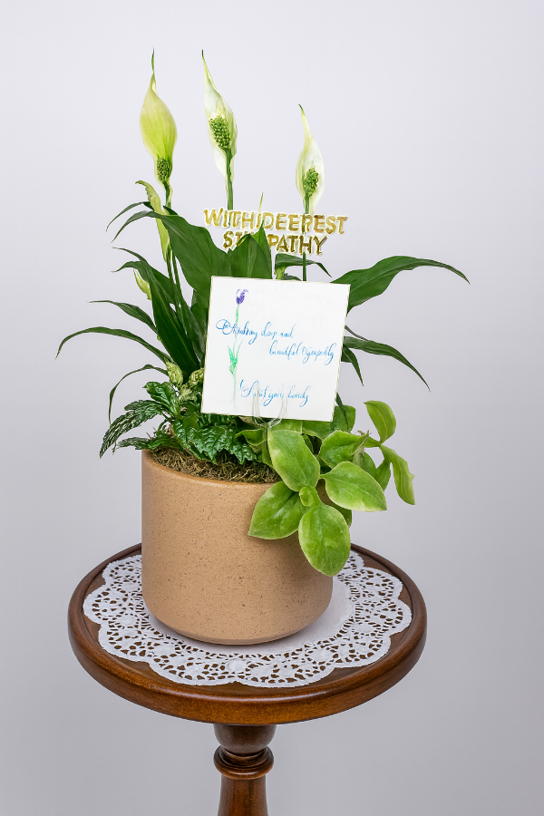 Potted plant on a small wooden table with a decorative doily, against a plain background.