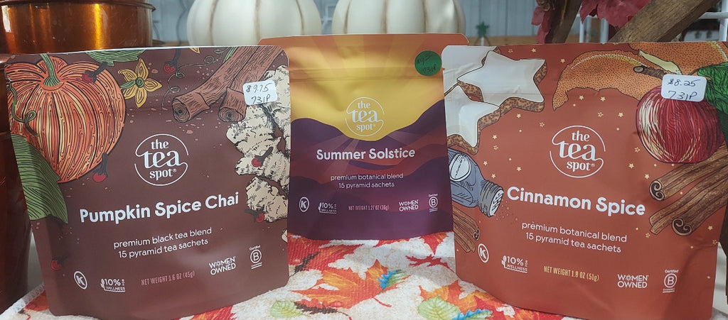 Fall teas by The Tea Spot: Pumpkin Spice Chai, Cinnamon Spice and Summer Solstice